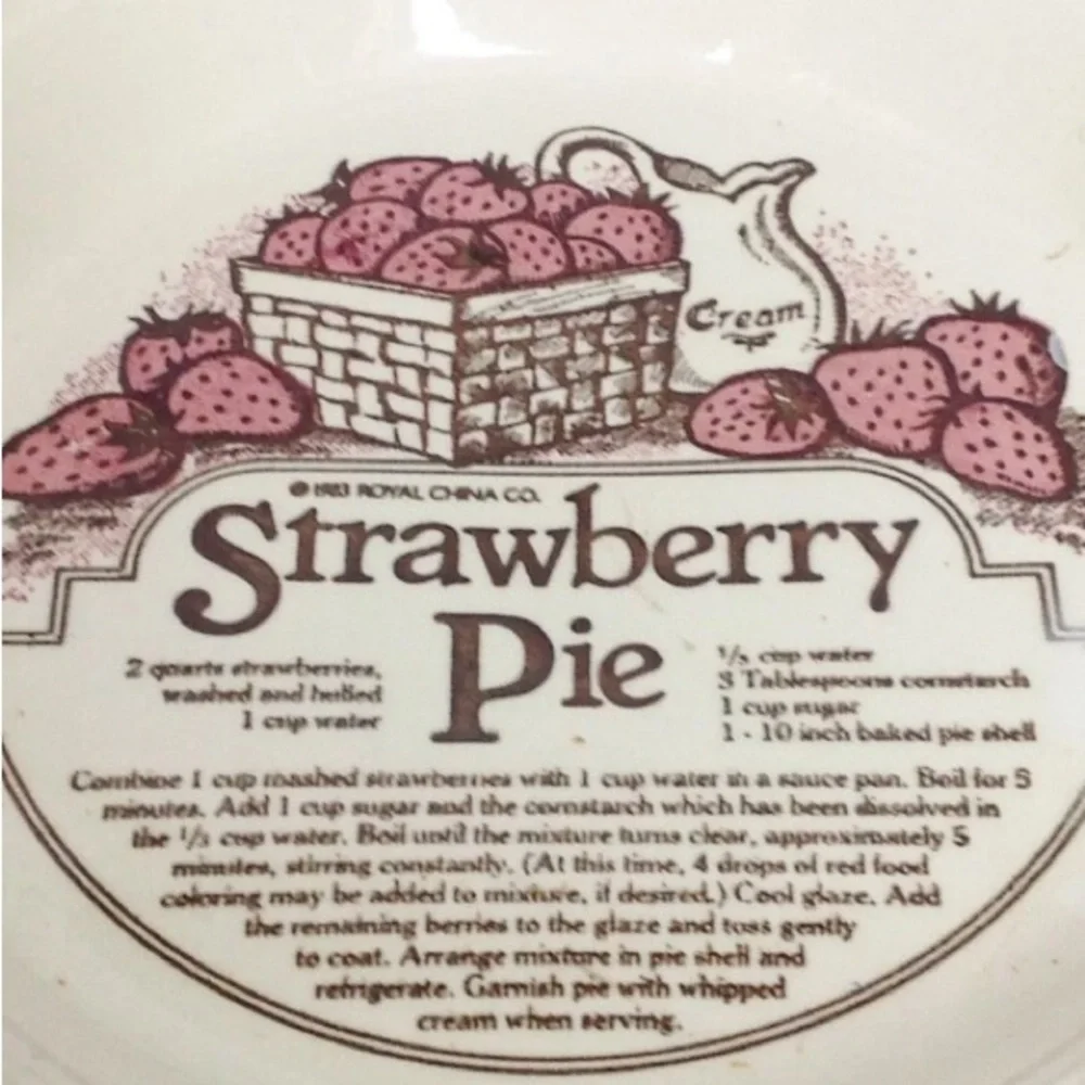 Strawberry Pie Recipe Dish Royal China Co Ceramic Baker Pink Brown Vintage 80s